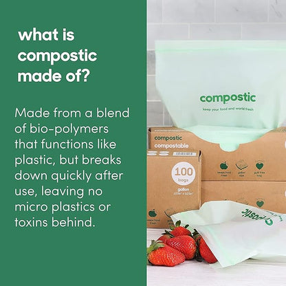 Compostic Home Compostable Resealable Gallon Bags (10.5"x10.5"), Microwave & Freezer Safe, Organic Food Storage Container, 100 Count (Pack of 1)