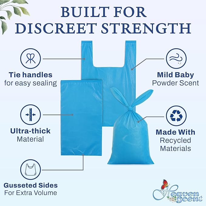 Heaven Scent Hygiene Bags 1.5MIL ULTRA-THICK Discreet Waste Disposal | MADE IN THE USA | Mild Baby Powder Scented Trash Bags for Adult Briefs & Feminine Products - Small, 50 Bags