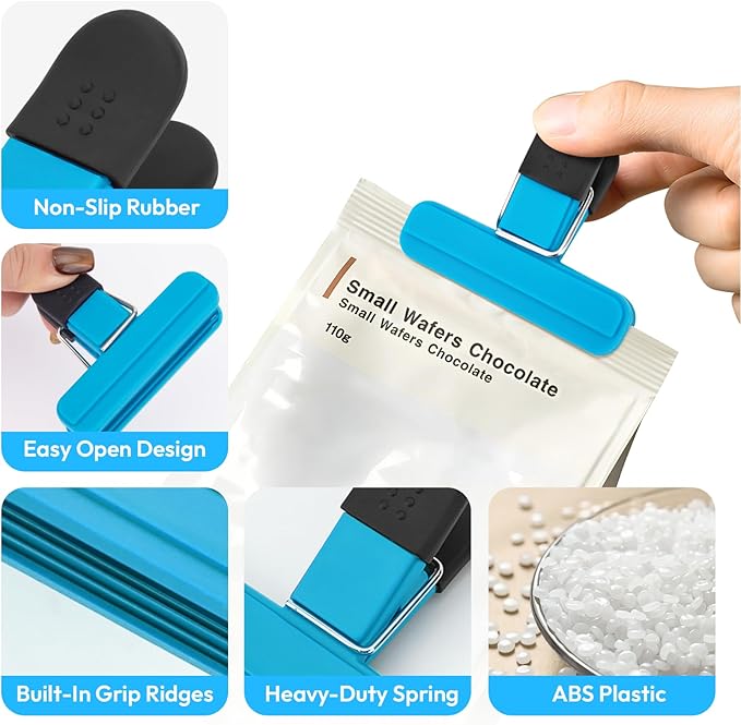 OWLKELA Chip Clips, 12 Pack Colors Wide Open Bag Clips for Food Storage, Heavy Duty Seal Grip Plastic Food Clip for Snack, Food Packages (3 inch x 2.5 inch)