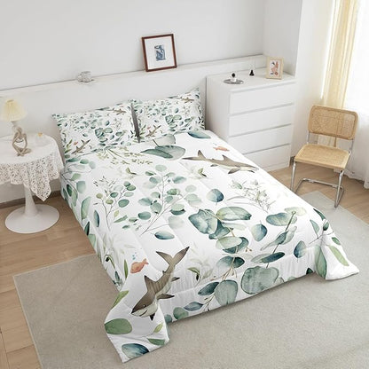 Erosebridal Girls Kawaii Animal King Size Comforter Set Cute Shark Bedding Set, Cartoon Wildlife Down Comforter Green Leaf Bed Set, Spring Garden Plant Quilted Duvet Child Kids Bedroom Decor