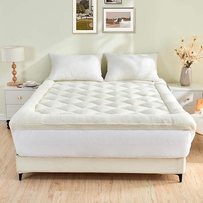 Mattress Topper King for Back Pain Thick Mattress Pad Cover Protector Sherpa Plush Pillow Top Down Alternative Fill Mattress Cover with 8-22 Inch Deep Pocket