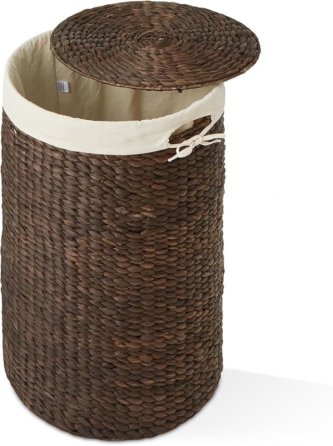 Casafield Round Laundry Hamper with Lid and Removable Liner Bag - Espresso, Woven Water Hyacinth Wicker Laundry Basket for Clothes and Towels