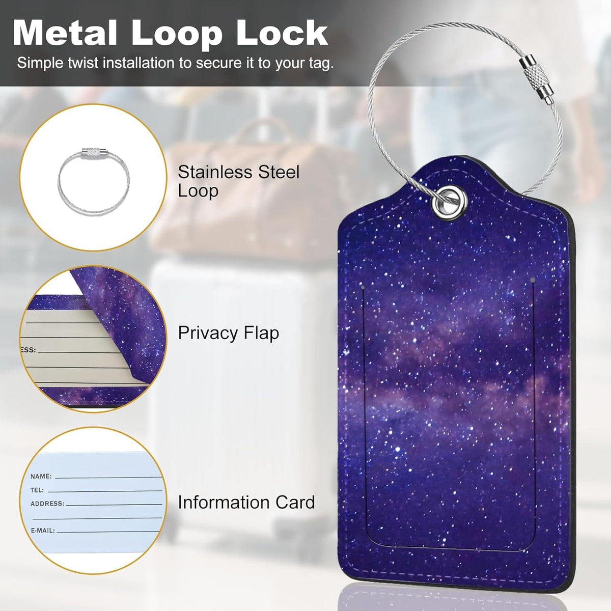 2Pack Luggage Tags for Suitcases, Cute Unique Pu Leather Cruise Luggage Tag with Privacy Cover ID Label Address Card and Metal Ring Suitable for Women Men Kids Travel Bag Purple Starry Sky
