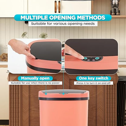 Automatic Motion Sensor Bathroom Trash Can with Lid, 13 Gallon Touchless Trash Bin, Smart Dog Proof Garbage Can, Touch Free Waste Basket for Toilet, Office, Bedroom,Pink,2