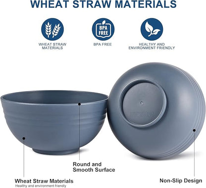 HOTEC BPA Free Unbreakable Wheat Straw Cereal Bowls - Microwave & Dishwasher Safe Soup and Salad Bowls, Set of 8, 26oz, Classic Blue