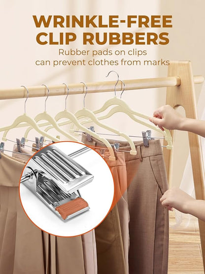 HOUSE DAY Velvet Skirt Hangers 24 Pack, Beige Velvet Pant Hangers with Adjustable Clips, Space Saving Slim Shorts Hanger, Heavy Duty Non Slip Clip Hanger for Pants, Skirts, Shorts