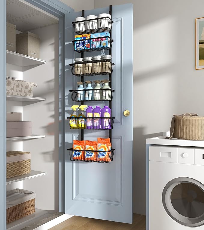 12 Inch Wide Narrow Over The Door Pantry Organizer, Pantry Organization and Storage, Black Metal Hanging Deep Basket Wall Spice Rack Seasoning Shelves, Home & Kitchen Essentials, Apartment