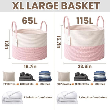 Woven Blanket Basket,65L Large Rope Storage Bin with Handles, Organizer for Blankets Toys Book and Clothes, Laundry Basket for Living Room Bedroom Nursery,White&Pink