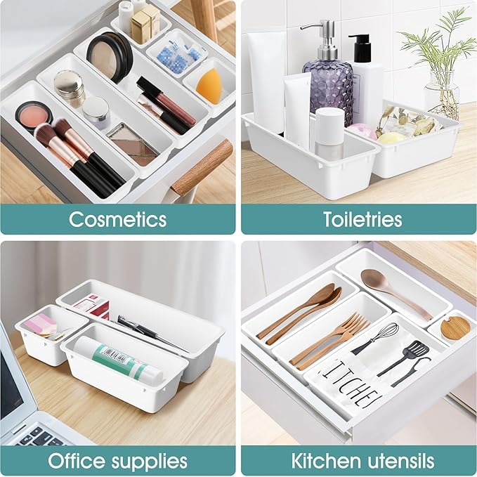 WOWBOX 25 PCS Plastic Drawer Organizer Set, 4 Sizes Desk Drawer Divider Organizers and Storage Bins for Makeup, Jewelry, Gadgets for Kitchen, Bedroom, Bathroom, Office, White