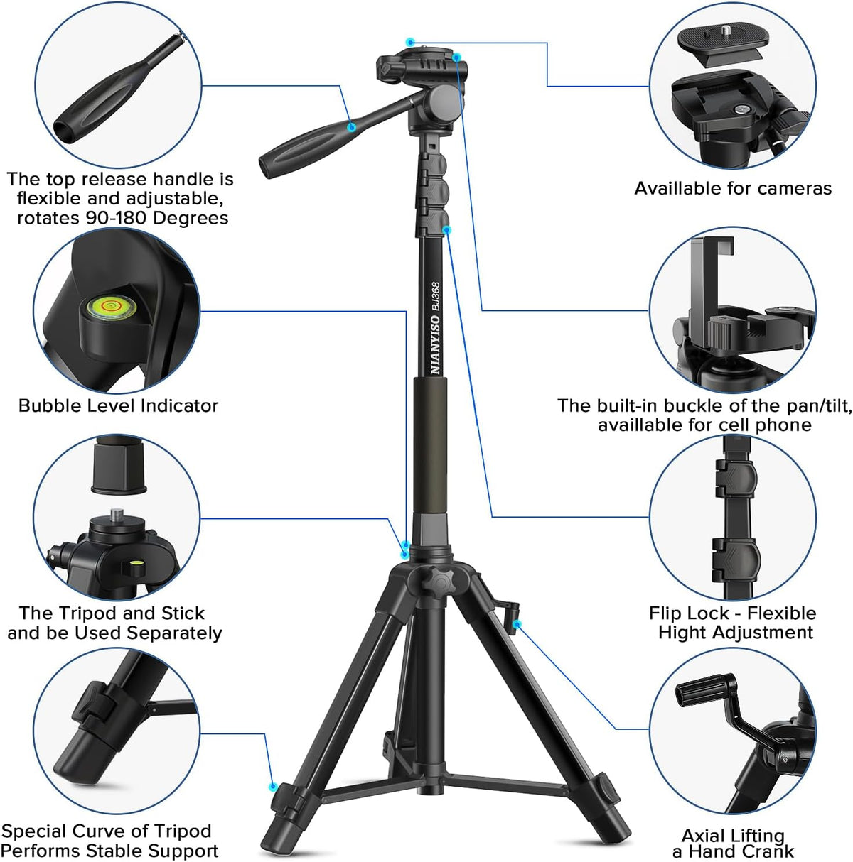 Camera Tripod 69 Inch, Patented 3-Way Swivel Portable Phone Tripod Professional Aluminum Alloy Travel Phone Camera Stand Monopod for Canon Nikon GoPro DSLR, DV Video Camcorder, Smartphone Black