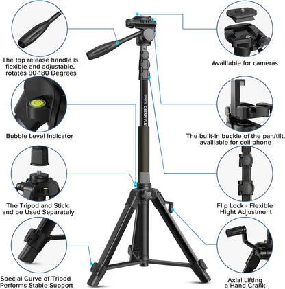Camera Tripod 69 Inch, Patented 3-Way Swivel Portable Phone Tripod Professional Aluminum Alloy Travel Phone Camera Stand Monopod for Canon Nikon GoPro DSLR, DV Video Camcorder, Smartphone Black