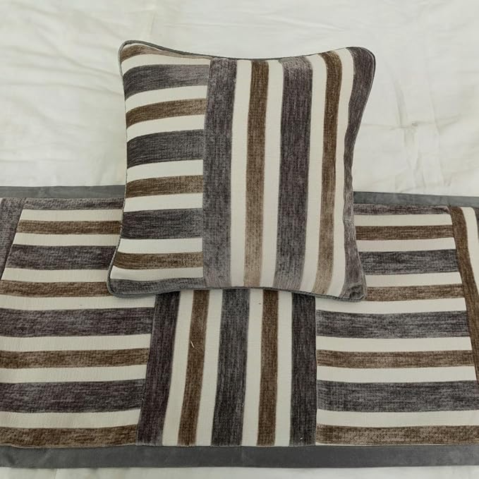 The HomeCentric King/Queen/Twin Beige & Grey Decorative Full 68"x18" Bed Runner with Pillow Cover, Patchwork Bed Scarf on Velvet Fabric - Striation
