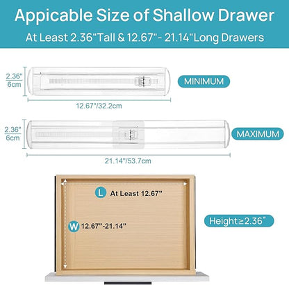 Vtopmart 8 Pack Shallow Drawer Dividers, 2.36" High 12.67"-21.14" Adjustable Expandable Kitchen Drawer Organizer, Clear Plastic Organizer Separators for Flatware, Utensil, Cutlery, Underwear, Clothes