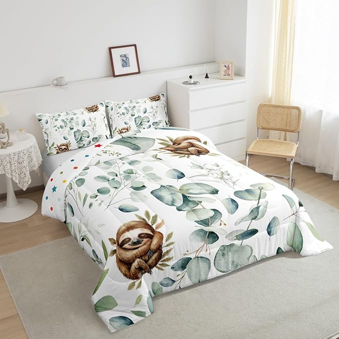 Erosebridal Girls Kawaii Animal Full Comforter Set Cute Sloth Bedding Set Full, Cartoon Wildlife Bedding Comforter Sets Green Leaf Duvet Set, Spring Plant Quilted Comforter Child Kids Bedroom Decor