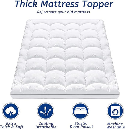 Full Size Mattress Topper for Back Pain, Cooling Extra Thick Mattress Pad Cover with 8-21 inch Deep Pocket, Plush Pillow Top Mattress Topper Overfilled with Down Alternative, Full Size, White
