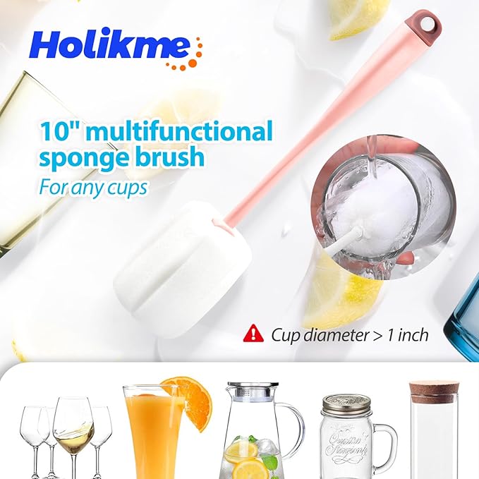 Holikme Bottle Brush Tube Cleaning Lab Set with Long Handle, Cup Cleaner for Washing Narrow Neck Beer Wine Decanter Pipes Lids Sinks Cap Covers, Pink