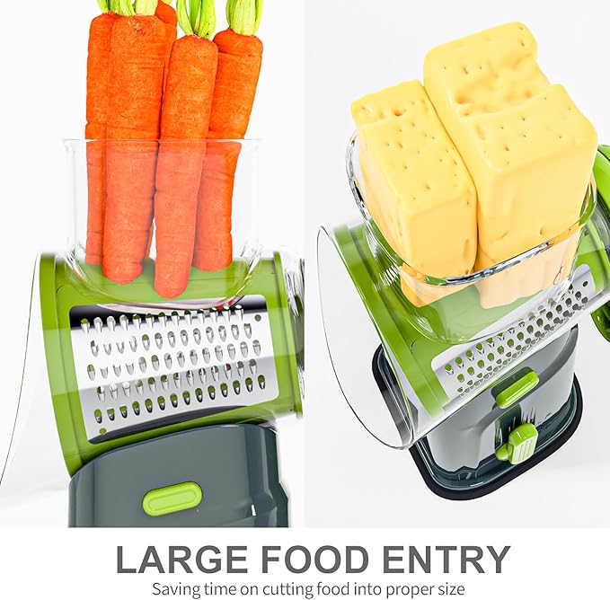 Ourokhome Rotary Cheese Grater Cheese Shredder, Mandoline Vegetable Slicer with 5 Interchangeable Blades and Strong Suction Base for Fruit, Vegetables, Nuts Grey