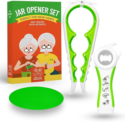 Jar Opener for Weak Hands and Seniors with Arthritis, 5 in 1 Multi Function Bottle Opener Lid Opener For Arthritic Hands with Non Slip Gripper For Opening Jars And Bottles (Green)