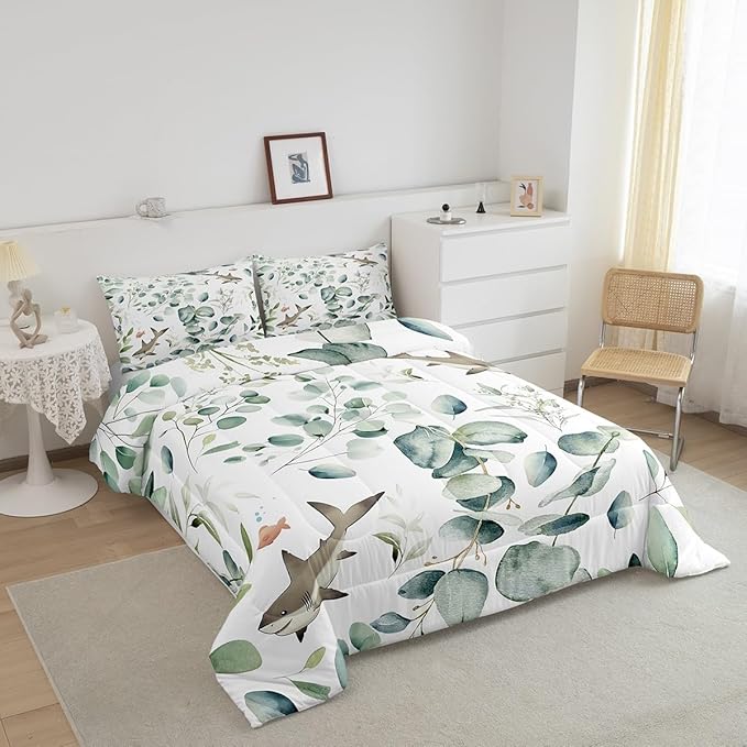 Erosebridal Girls Kawaii Animal King Size Comforter Set Cute Shark Bedding Set, Cartoon Wildlife Down Comforter Green Leaf Bed Set, Spring Garden Plant Quilted Duvet Child Kids Bedroom Decor