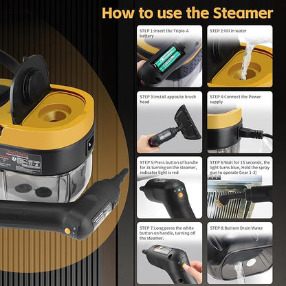 Steam Cleaner, 3-Level Adjustable Handle, 15s Heat-Up, 1.69 Quarts Tank, Portable Steamer for Cleaning with 10 Accessories, Steam Cleaner for Home for Dirt (Yellow)