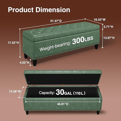 Storage Ottoman Bench, 51-Inch Large Storage Bench for Bedroom End of Bed, 30 Gallons Faux Leather Bench for Bedroom, Living Room, Entryway, Hallway, Green