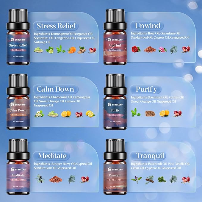 Relax Diffuser Oil, Eessential Diffuser Oil for Home, Humidifiers, Candle Making, Aromatherapy - Stress Relief, Calm Down, Tranquil, Meditate, Unwind, Purify, 6x10ml