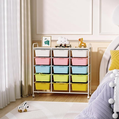 15 Drawers Rolling Cart With Wheels, Plastic Storage Drawer With Metal Frame, Multipurpose Art Craft Organizer, Utility Cart for Home, Office, School, Multicolor