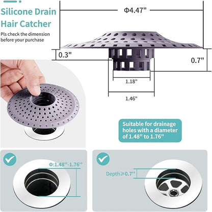 Shower Hair Drain Catcher, Silicone Bathtub Drain Hair Catcher Strainer, All-in-one Tub Hair Catcher Drain Protector for 1.48'' to 1.76'' Regular Drains, 3PCS/Purple