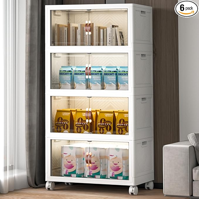 Extra Large Stackable Storage Bins with Lids & Wheels & Door, 448QT-112QT/28GAL*4Pack Foldable Collapsible Closet Organizers, Plastic containers drawers for bedroom Dorm