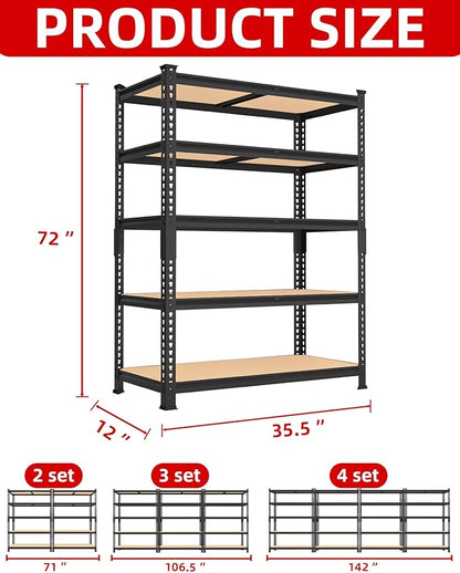 PrimeZone 35.5" x 12" x 72" Heavy Duty Storage Shelves - 5 Tier Adjustable Garage Storage Shelving, Metal Storage Utility Rack Shelf Unit for Warehouse Pantry Closet Kitchen, Black, 2 Pack