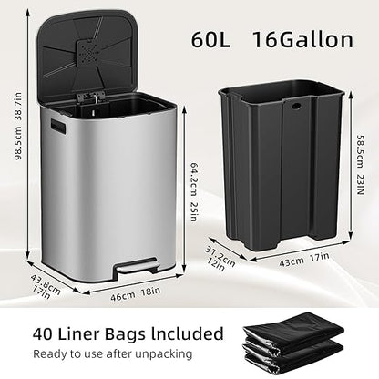 KUK 16 Gallon Kitchen Trash Can with Lid, Heavy Duty Hands-Free Stainless Steel Commercial Step Trash Bin with Removable Inner Bucket, Pedal Rubbish Bin for Home Office and Kitchen, 60L/16Gal