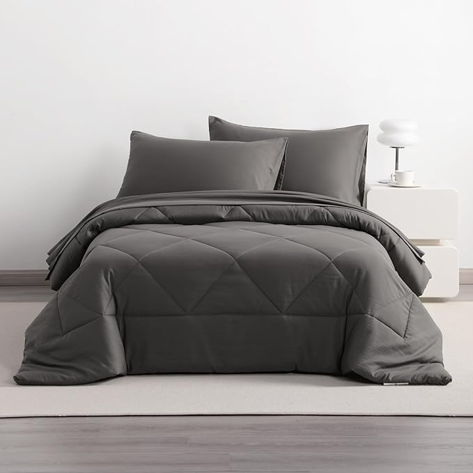 NTBAY Twin Comforter Set with Sheets, 5 Pieces Soft and Breathable Twin Bedding Set, Twin Bed in a Bag, Down Alternative Comforter Set Solid Color All Season, Kids Bedding Set, Dark Grey
