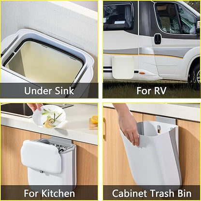 Soddeph 3.2 Gallon Foldable Hanging Trash Can with Lid for Cabinet Door,Kitchen Compost Bin,Wall-Mounted Plastic Garbage Can for Countertop or Under Sink, Bathroom and RV (White with lid)