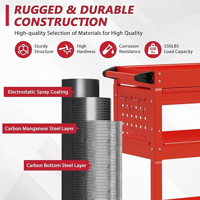 3 Tier Rolling Tool Cart on Wheels, Heavy Duty Service Cart Industrial Utility Cart with Drawer and Screwdriver Rack Pegboard, 550 LBS Mobile Tool Storage Organizer for Garage, Workshop (Red)
