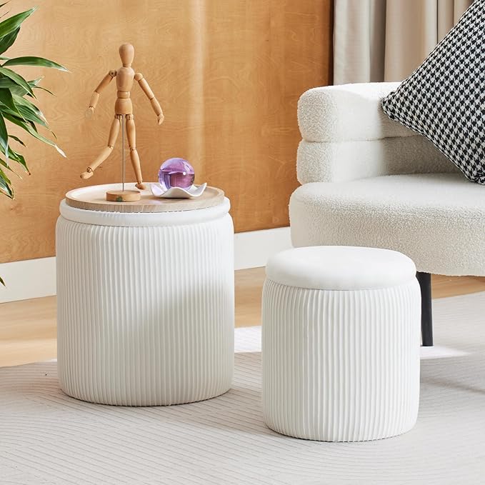 Round Ottoman with Storage Set of 2-Upholstered Velvet Vanity Stool for Makeup Multifunctional Ottomans Coffee Table Padded Seat Foot Rest for Living Room&Bedroom (White-Upgrade Tray Lid)