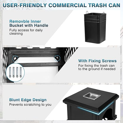 IRONWALLS Indoor/Outdoor Trash Can with Lid, Heavy Duty Steel Garbage Can with Removable Bin, Locking Lid, 16”x16”x35.4” Dual Sided-Open Commercial Trash Can Large for Patio, Backyard, Office, Black