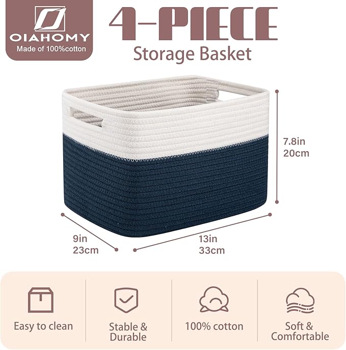OIAHOMY 4 Pack Storage Baskets for Organizing, Basket for Shelves with Handle, Woven Baskets for Storage Toys, Towels, Books, Cotton Rope Basket 13" L x 9 " W x 7.8 " H, Blue & White