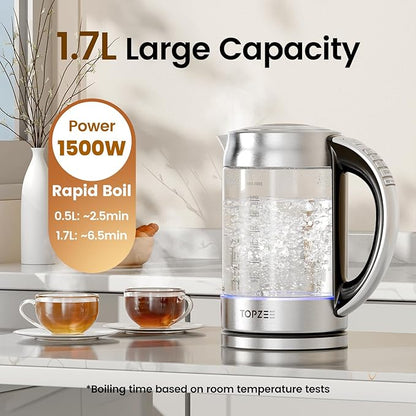 TOPZEE 1.7L Glass Electric Kettle for Coffee & Tea, Hot Water Boiler with 6 Preset Temperatures, Keep Warm and Memory Function, Auto Shut-off & Dry Boil Protection, BPA Free, Rapid Boil, 1500W, Silver