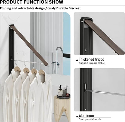 Clothes Drying Rack for Laundry Drying Rack Wall Mounted Clothes Hanger Rack Retractable Laundry Hanger Dryer Rack Space Saving Closet Organizer Aluminium (Walnut)