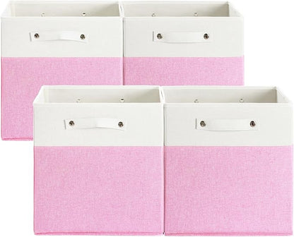 13 x 13 Inch Fine Linen Storage Bins with Handles，Fabric Cube Boxs，Collapsible Basket Organizers for Shelves for Home, Closet Drawers (White/Pink-4 Pack)