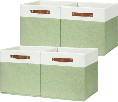 HNZIGE Fabric Cube Storage Bins 13x13 Set of 4 Canvas Storage Baskets for Shelves Collapsible Storage Bins for Organizing Clothes Closet Toy Nursery Cubby(Green&White)