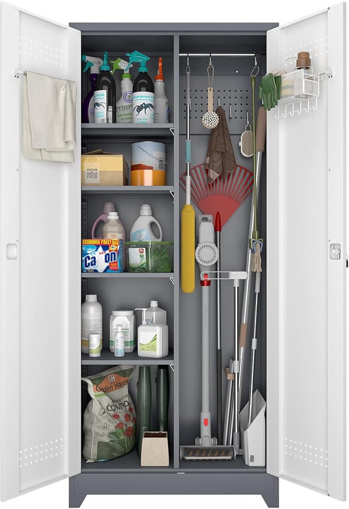 Broom Storage Cabinet, Metal Cabinet with Shelves and Hanging Rod, 72.8" Utility Cabinets with Locking Door, Tall Cleaning Storage for Kitchen, Pantry, Office, Shop, Garage