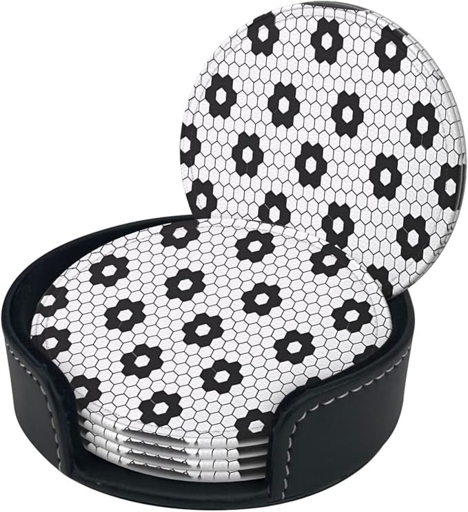 6 Pcs Black White Flower Hex Tile Print Floor Leather Coasters