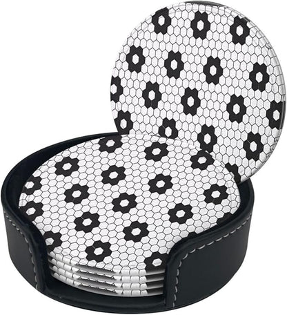 6 Pcs Black White Flower Hex Tile Print Floor Leather Coasters