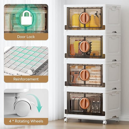 JEKO&JEKO 332Qt Lockable Stackable Storage Bins with Lids, Collapsible Closet Organizer with Wheels, Plastic Cabinet Drawer for Clothes, Dorm Room 4 Pack (White)