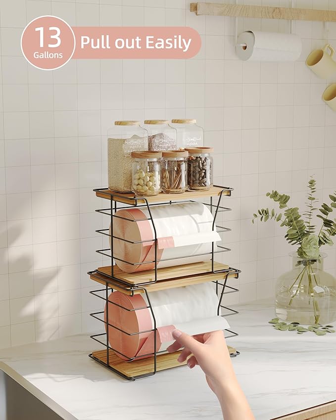 2 Pack Trash Bag Holder/Dispenser, Stackable Storage Laundry Kitchen Organizers for Countertop Organization, Wall Mount Garbage Bag Dispenser with wooden Top, No Drill