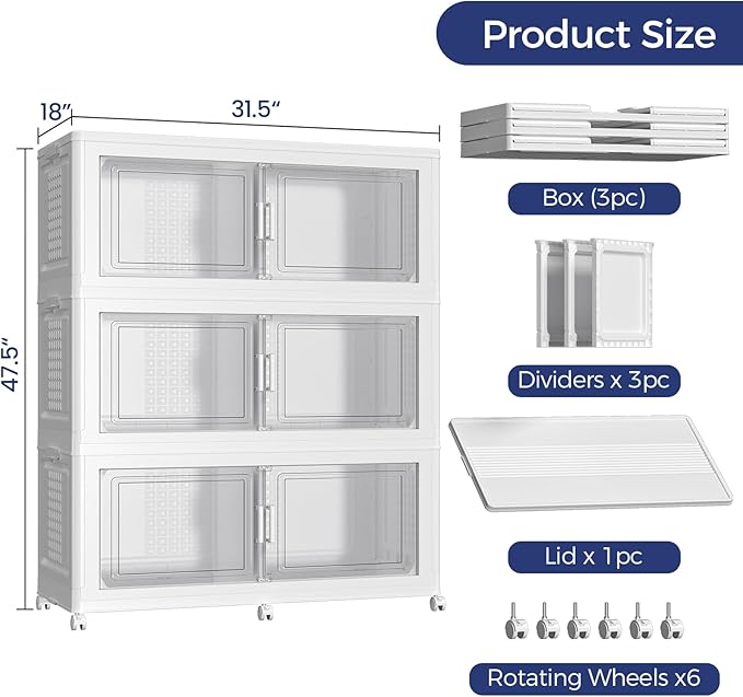 150GAL Extra Large Storage Bins with Lid, 600Qt Stackable Closet Organizers and Drawers, Collapsible Storage Bins with Wheels, Folding Storages Cabinet for Home Bedroom Office, 3Pack White