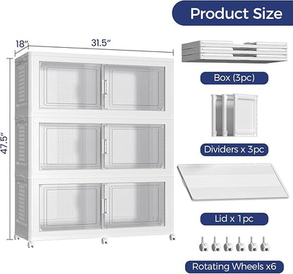 150GAL Extra Large Storage Bins with Lid, 600Qt Stackable Closet Organizers and Drawers, Collapsible Storage Bins with Wheels, Folding Storages Cabinet for Home Bedroom Office, 3Pack White