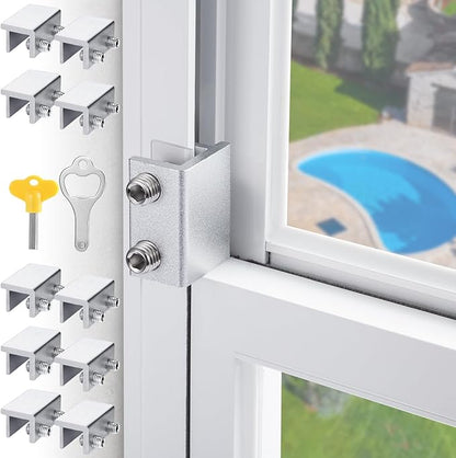 Sliding Window Locks,for Horizontal Sliding Windows,Window Security Lock with Key,Adjustable Aluminum Easv to Install Window Stopper,Window Locks for Up and Down Windows (10 Sets Silver)