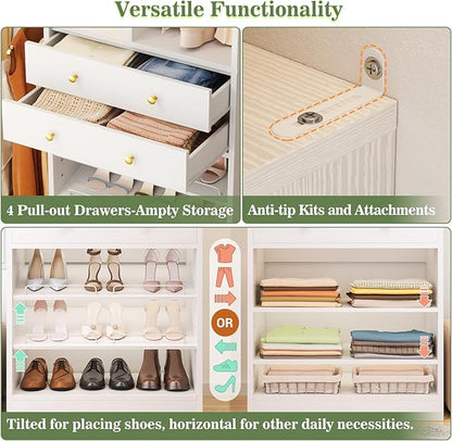 Closet System, Up to 134"/11.2 FT Closet Organizer with 4 Wooden Drawers and Shelves, Walk-in Closet System with 6 Hanging Rods, Built-in Closet Can Fit 96"/8FT, 120"/10FT, White